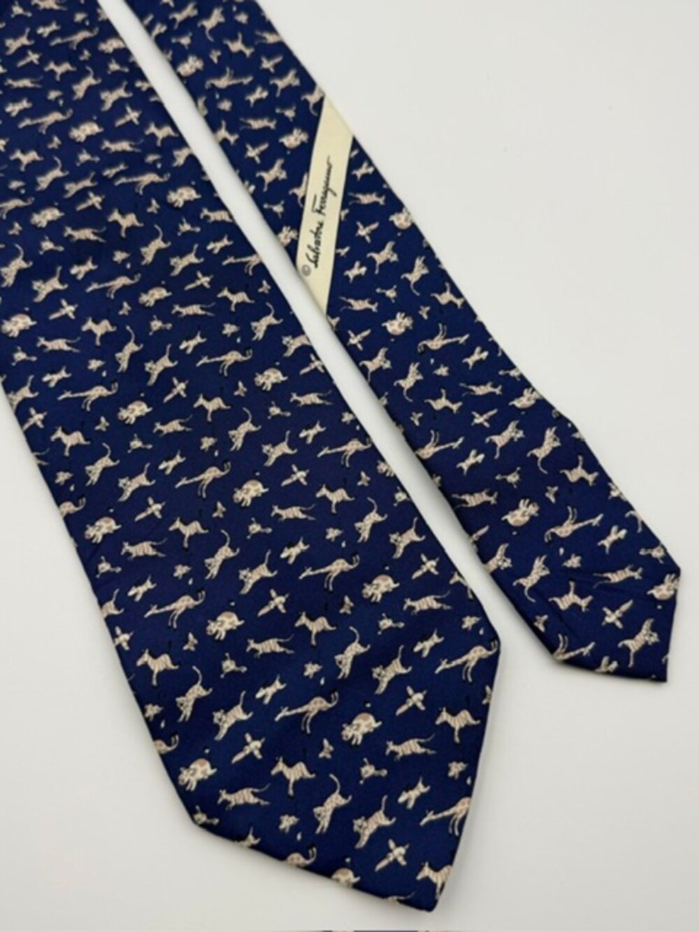 Salvatore Ferragamo Italian Silk Tie Blue with Micro Zoo Animals Pattern
